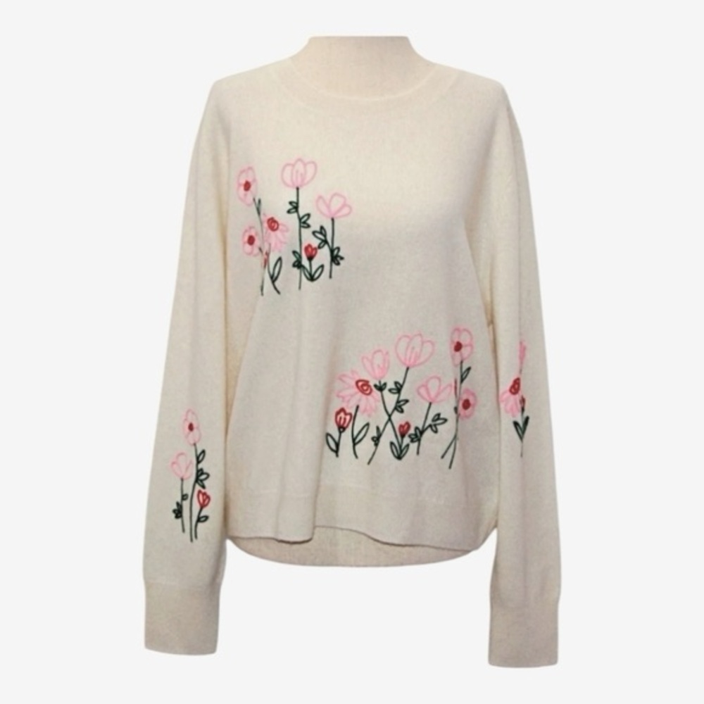 Cynthia Rowley 100% Cashmere Floral Embroidered Sweater – Cream